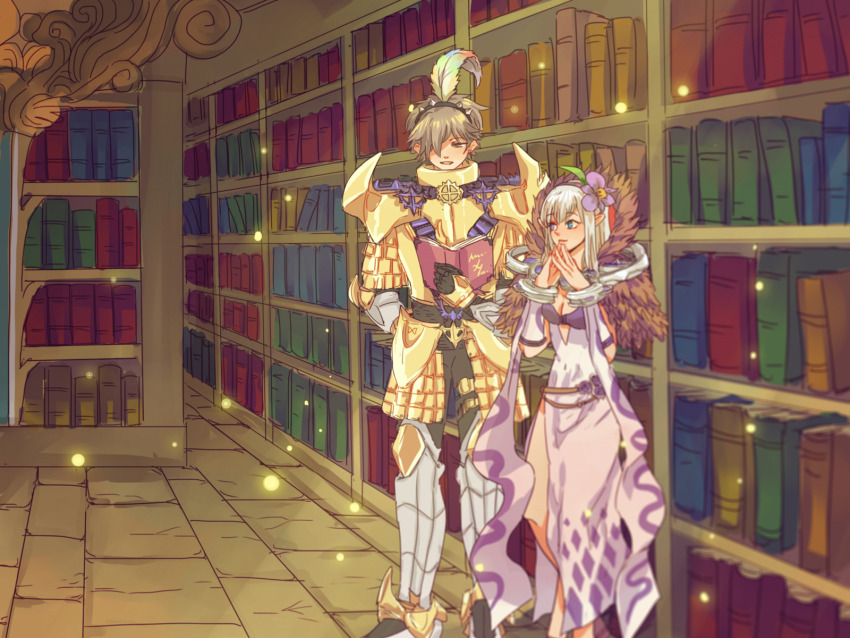 1boy, 1girl, argyle_clothes, argyle_dress, armor, armored_boots, black_hairband, black_pants