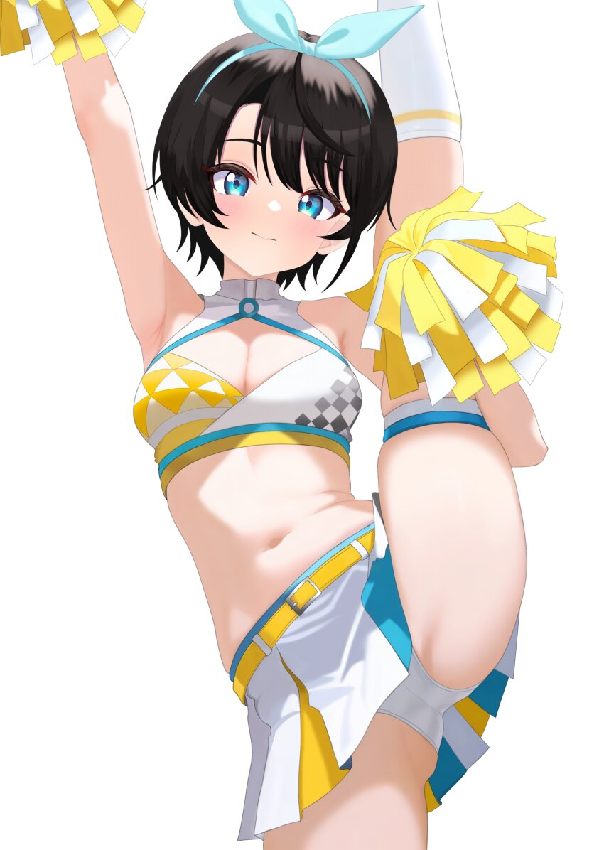 1girl, absurdres, alternate_costume, armpits, arms_up, black_hair, blue_eyes, blue_hairband, blue_skirt, blush, bow_hairband, breasts, checkered_print, cheerleader, cleavage, closed_mouth, commentary, cowboy_shot, crop_top, cropped_shirt, hairband, highres, holding, holding_pom_poms, hololive, kneehighs, looking_at_viewer, medium_breasts, miniskirt, multicolored_skirt, oozora_subaru, panties, pantyshot, pleated_skirt, pom_pom_(cheerleading), pom_poms, shirt, short_hair, simple_background, skirt, sleeveless, sleeveless_shirt, smile, socks, solo, split, standing, standing_on_one_leg, standing_split, swept_bangs, underwear, upskirt, virtual_youtuber, white_background, white_panties, white_shirt, white_skirt, white_socks, yasu_(yasu_35m), yellow_skirt