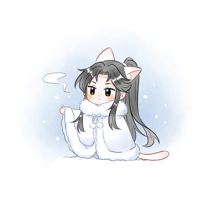 1boy, :<, animal_ears, animal_hands, black_hair, blush, cat_ears, cat_tail