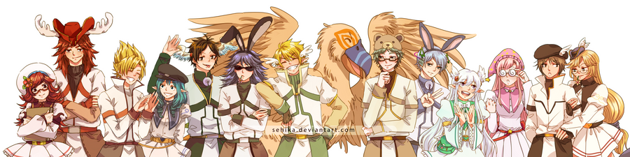 5girls, 6+boys, animal_ears, arm_hug, bear_hat, beret, bird, black_hat