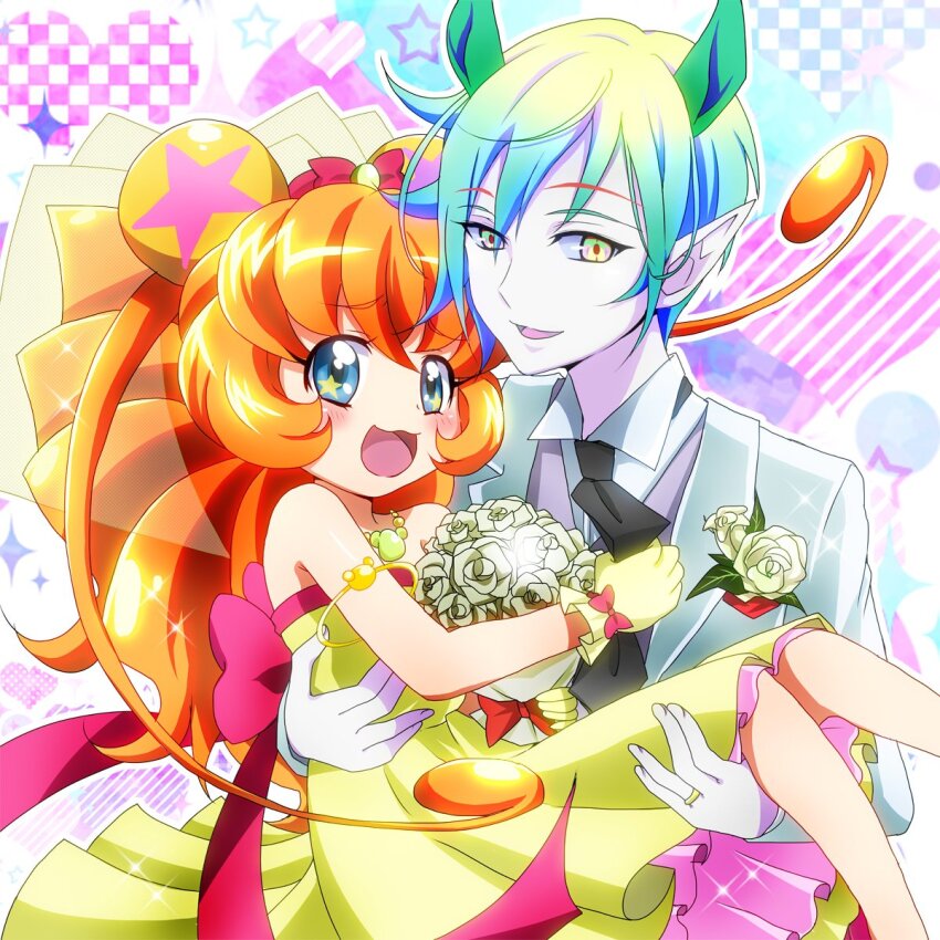 blue_eyes, blush, bridal_veil, bride, carrying, carrying_person, cure_mofurun, dress