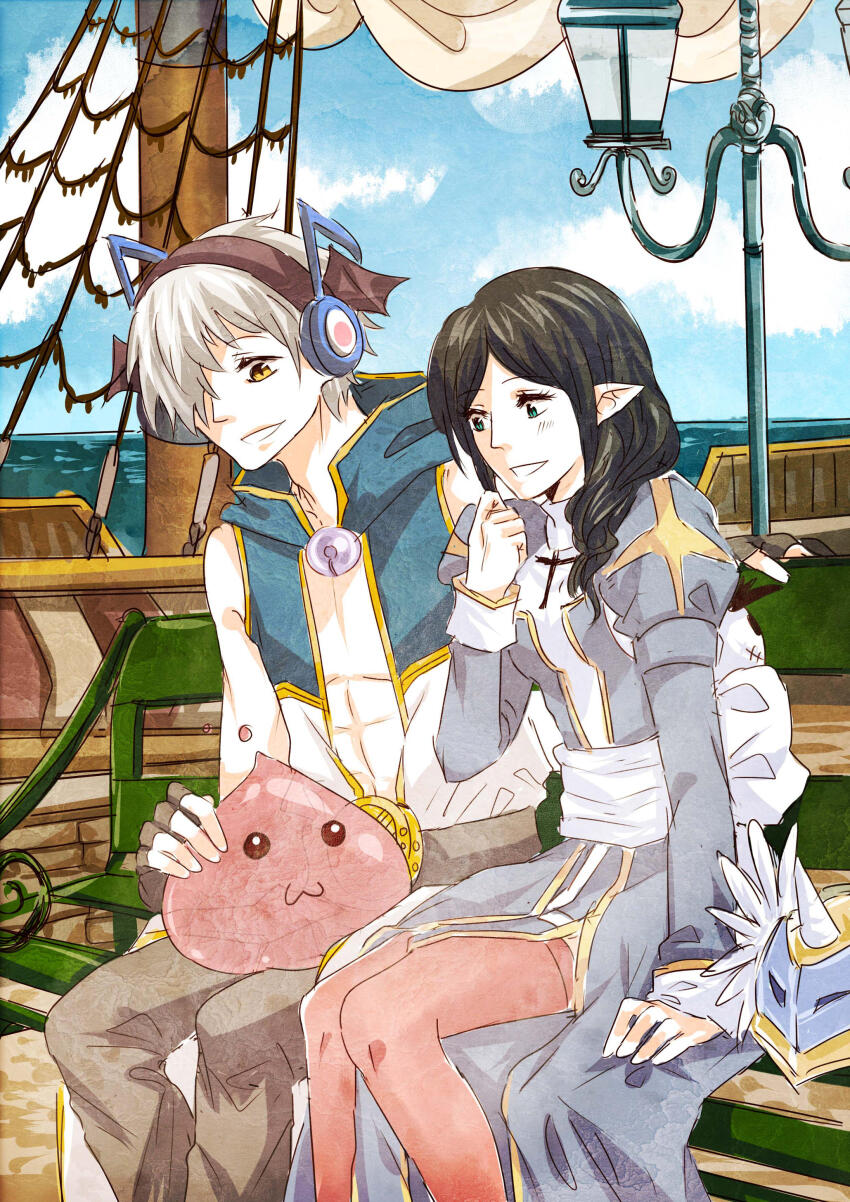 1boy, 1girl, :3, absurdres, alternate_color, back_bow, bat_wings, black_hair