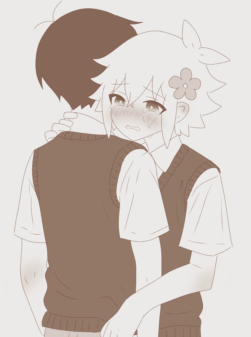 2boys, antenna_hair, basil_(faraway)_(omori), basil_(omori), blush, bright_pupils, collared_shirt, crying