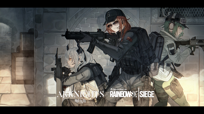 3girls, absurdres, arknights, ash_(rainbow_six_siege), backpack, bag, baseball_cap, black_gloves
