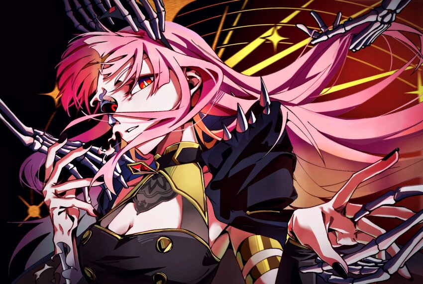 1girl, birthday, black_cape, black_dress, black_sclera, black_tiara, bone, breasts