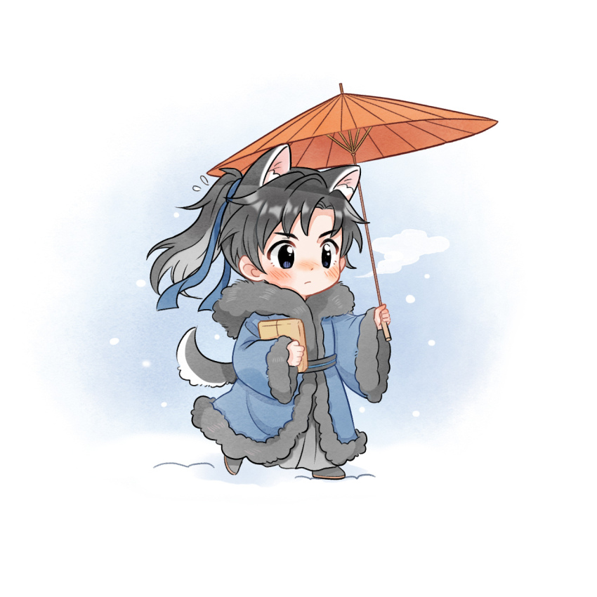 1boy, animal_ears, black_boots, black_hair, black_sash, blue_coat, blue_ribbon, blush