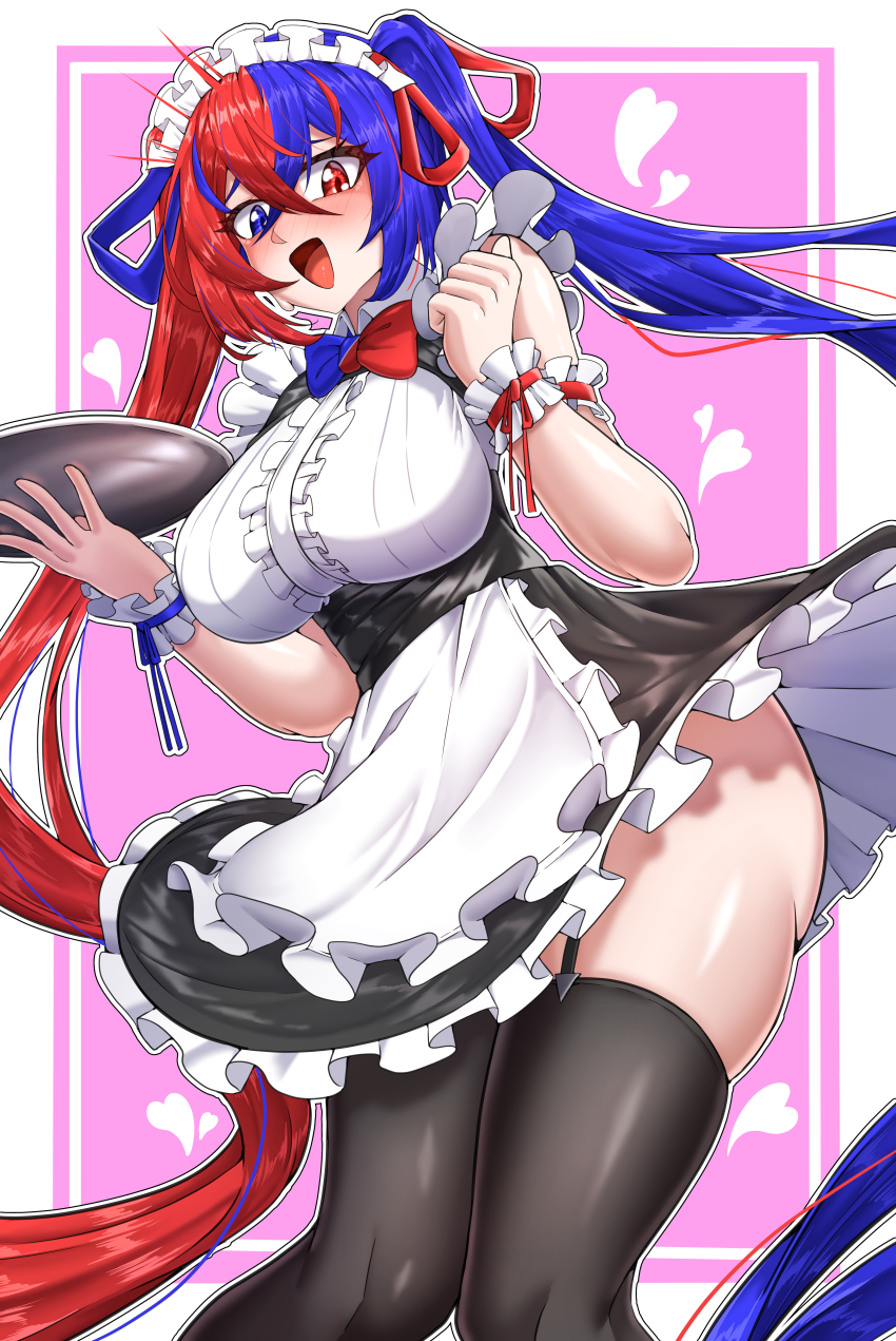 1girl, absurdres, female_alear_(fire_emblem), alternate_costume, apron, black_thighhighs, blue_eyes, blue_hair, blush, border, breasts, center_frills, commentary_request, crossed_bangs, dress, enmaided, fire_emblem, fire_emblem_engage, frills, hair_between_eyes, heart, heterochromia, highres, holding, holding_tray, korean_commentary, large_breasts, litiya, long_hair, looking_at_viewer, maid, maid_headdress, multicolored_hair, nintendo, open_mouth, outside_border, pink_background, red_eyes, red_hair, simple_background, sleeveless, sleeveless_dress, solo, split-color_hair, thighhighs, thighs, tray, twintails, two-tone_hair, very_long_hair, waist_apron, white_apron, white_border
