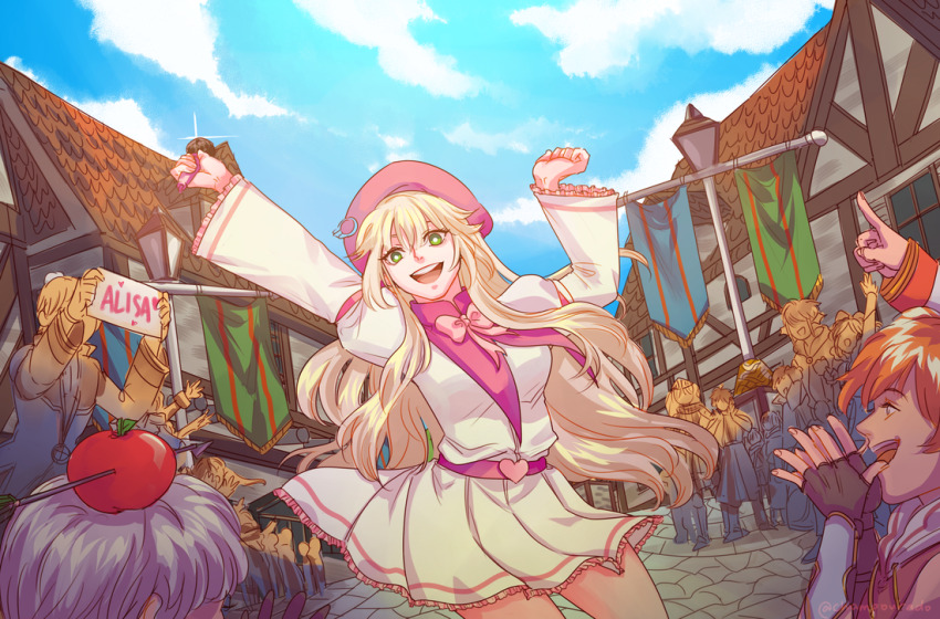 6+boys, 6+girls, acolyte_(ragnarok_online), apple_on_head, archer_(ragnarok_online), arm_up, arrow_through_apple, banner