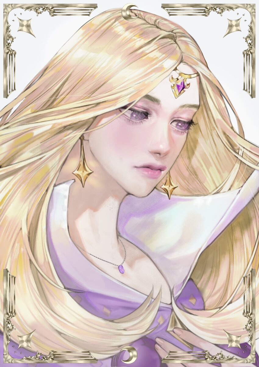 1girl, 88ssgass88, absurdres, bad_id, bad_twitter_id, blonde_hair, blush, candy_mieux, circlet, dress, earrings, high_collar, highres, jewelry, long_hair, looking_down, necklace, pink_lips, purple_dress, purple_eyes, queen, simple_background, solo, sugar_sugar_rune, upper_body, white_background