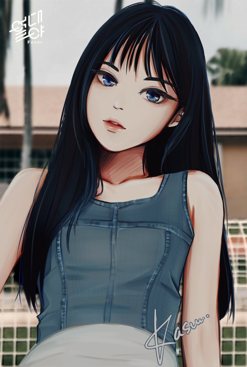 1girl, absurdres, black_hair, blue_eyes, blue_shirt, commentary, english_commentary, eunha_(gfriend)