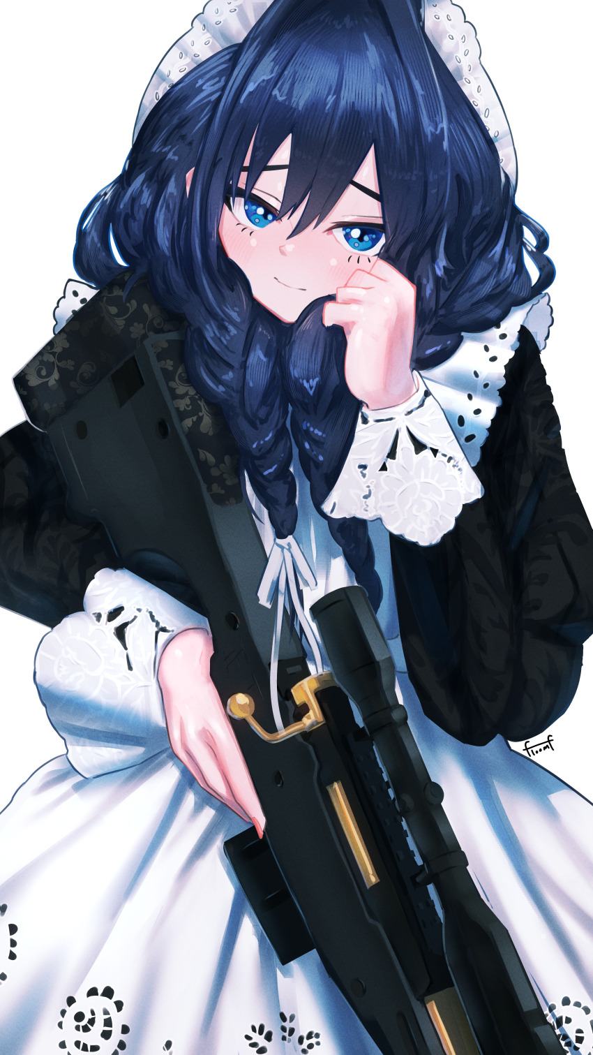 1girl, absurdres, apron, black_dress, blue_eyes, blue_hair, braid, closed_mouth