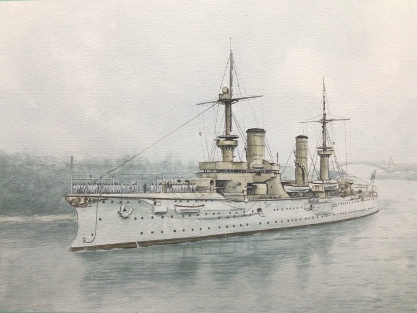 atelier_bono, bridge, canal, cannon, cruiser, fog, highres, imperial_german_navy