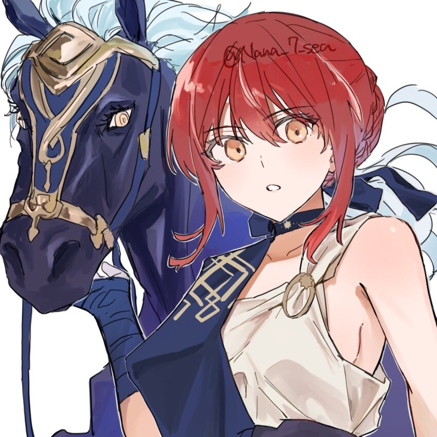 1234eabc, 1girl, animal, bare_shoulders, black_horse, blue_ribbon, braid, commentary_request