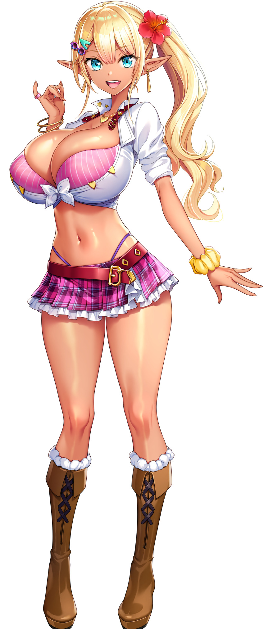 1girl, absurdres, akagi_rio, ankle_boots, belt, blonde_hair, blue_eyes, boots, bra, bra_visible_through_clothes, bracelet, breasts, brown_boots, cleavage, dark-skinned_female, dark_elf, dark_skin, detached_collar, elf, flower, full_body, fur-trimmed_boots, fur_trim, game_cg, gyaru, hair_flower, hair_ornament, hairclip, heart, heart_necklace, highres, huge_breasts, jewelry, long_hair, long_pointy_ears, long_sleeves, looking_at_viewer, motto!_haramase!_(series), motto!_haramase!_honoo_no_oppai_isekai_oppai_maid_gakuen!, multiple_bracelets, myunmyun_lafleur, navel, necklace, non-web_source, official_art, open_mouth, pink_bra, pink_skirt, pinky_ring, plaid_clothes, plaid_skirt, pointy_ears, red_belt, red_flower, school_uniform, scrunchie, shirt, side_ponytail, sidelocks, skirt, sleeves_rolled_up, smile, solo, sprite, standing, tachi-e, tan, thong, tied_shirt, transparent_background, underwear, white_shirt, wrist_scrunchie, yellow_scrunchie