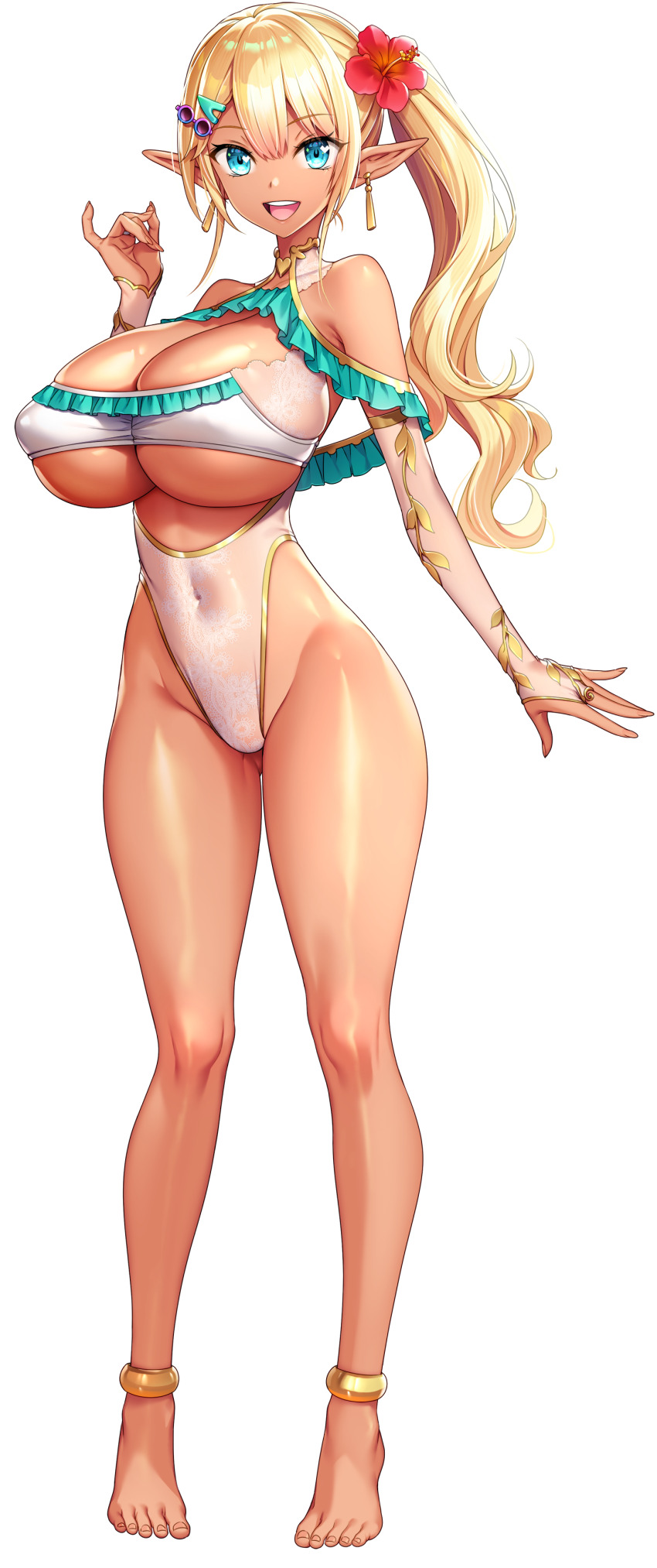 1girl, absurdres, akagi_rio, anklet, barefoot, blonde_hair, blue_eyes, breasts