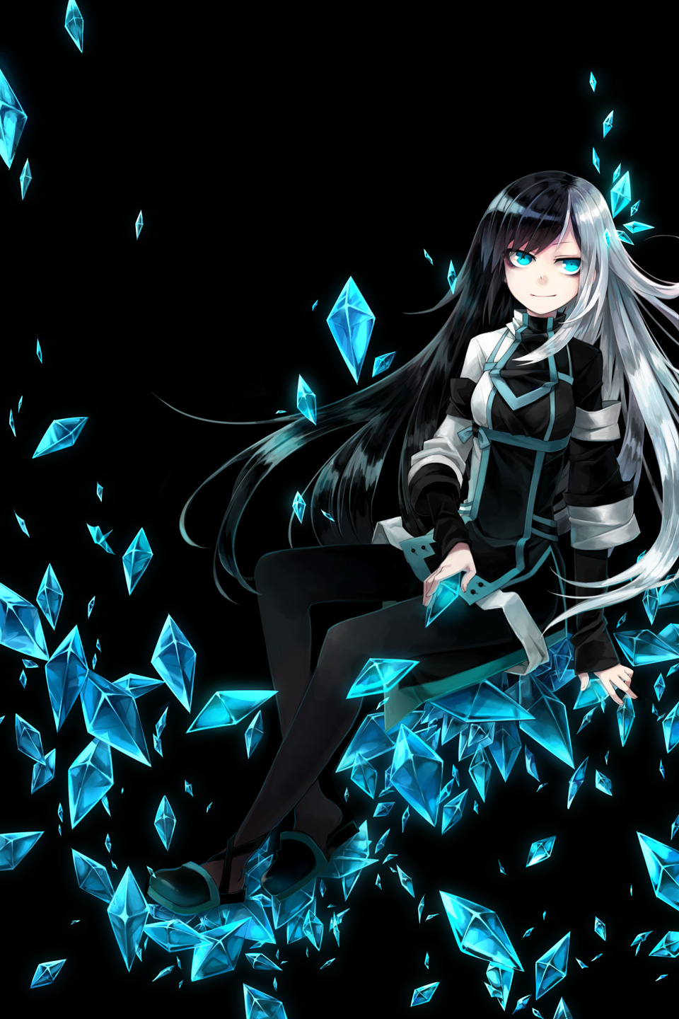 1girl, aqua_eyes, black_background, black_hair, black_legwear, crystal, female_focus, highres