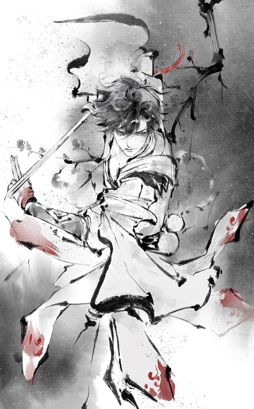 1boy, absurdres, black_background, branch, chinese_clothes, closed_mouth, curtained_hair, eyelashes, floating_clothes, floating_hair, flower, from_above, greyscale, hanfu, highres, holding, holding_sword, holding_weapon, jian_(weapon), li_bai_(wangzhe_rongyao), looking_ahead, looking_to_the_side, male_focus, monochrome, mouth_hold, parted_bangs, short_hair, solo, spot_color, stalk_in_mouth, sword, vambraces, wangzhe_rongyao, weapon, white_background, wuhuan137, wuxia