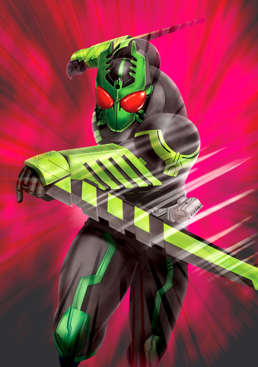 1boy, arm_blade, bad_id, bad_pixiv_id, gradient_background, hibiki_garo, highres, hiro_(hibikigaro), kamen_rider, kamen_rider_ooo, kamen_rider_ooo_(gatakiriba_combo), kamen_rider_ooo_(series), male_focus, solo, weapon