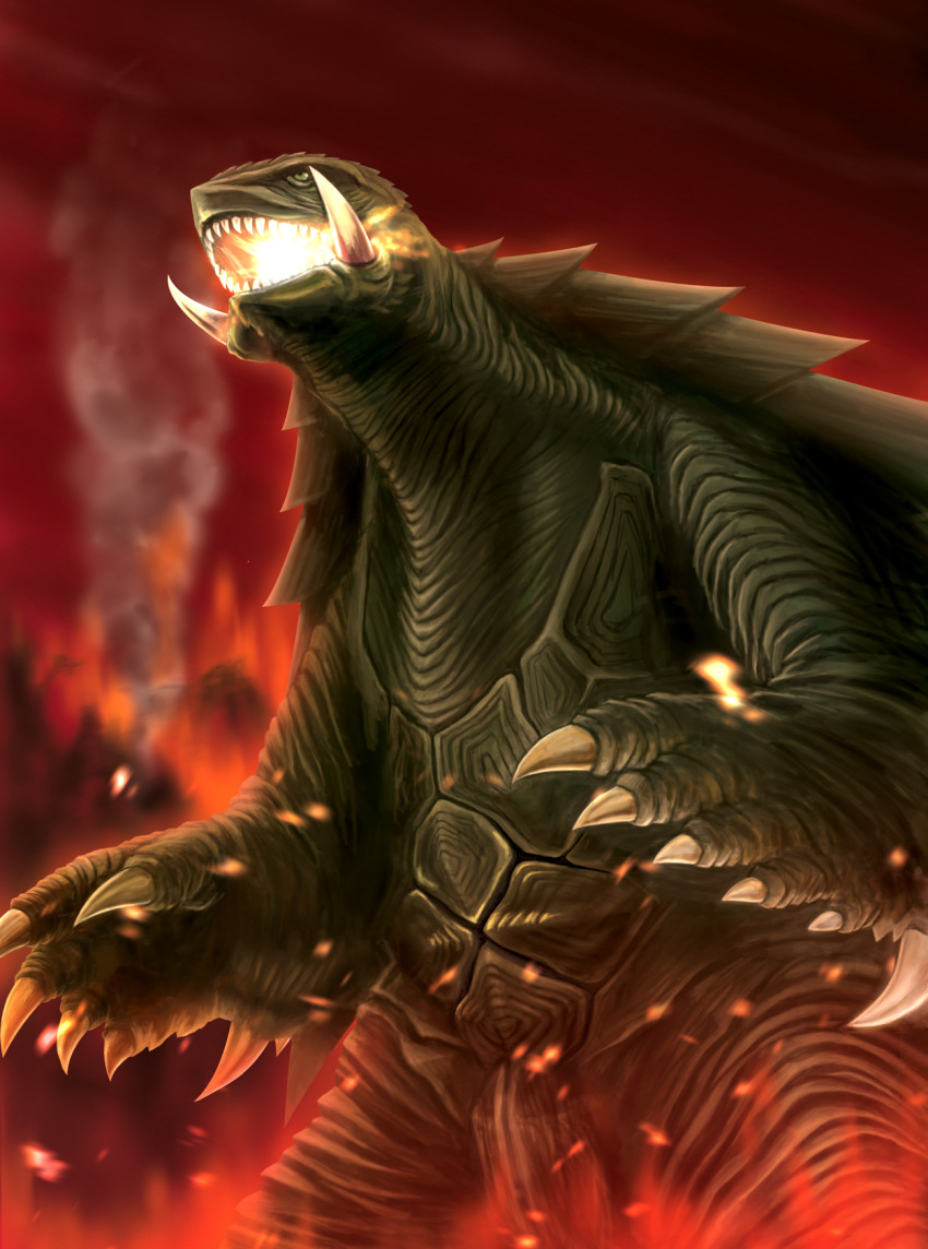 bad_id, bad_pixiv_id, breath_weapon, breathing_fire, claws, daiei_film, embers, energy, fire, gamera, gamera_(series), gamera_3:_revenge_of_iris, glowing_mouth, green_eyes, hibiki_garo, highres, hiro_(hibikigaro), kaiju, no_humans, smoke, turtle, tusks