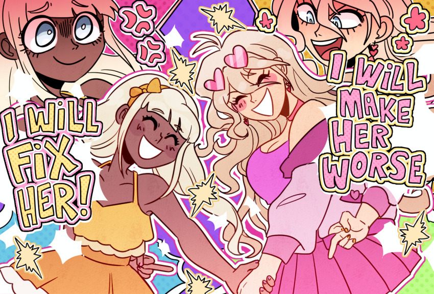 2girls, :d, ^_^, alt_text, alternate_costume, antenna_hair, arm_behind_back, blonde_hair