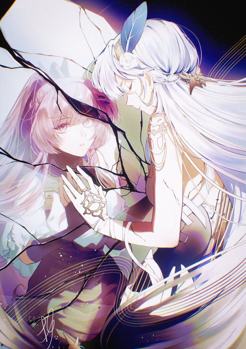 2girls, absurdres, alternate_form, broken_mirror, crack, cracked_glass, hair_ornament, hand_on_mirror