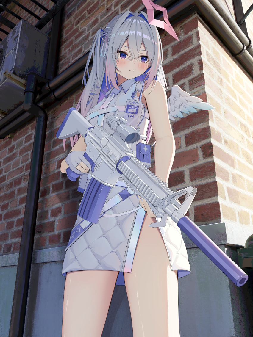 1girl, absurdres, against_wall, alley, amane_kanata, amane_kanata_(heavenly_guard_mission), angel_wings, assault_rifle