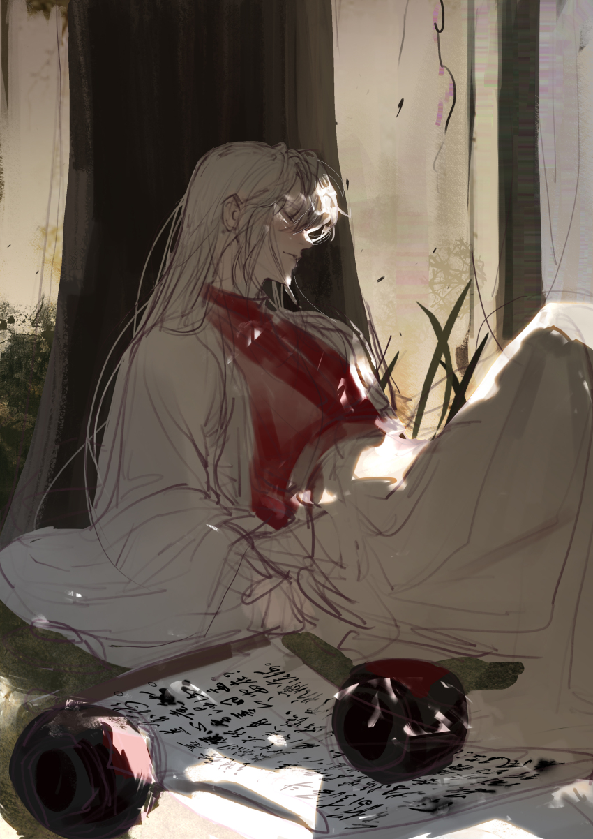 1boy, absurdres, against_tree, chinese_clothes, closed_eyes, closed_mouth, feet_out_of_frame, grass