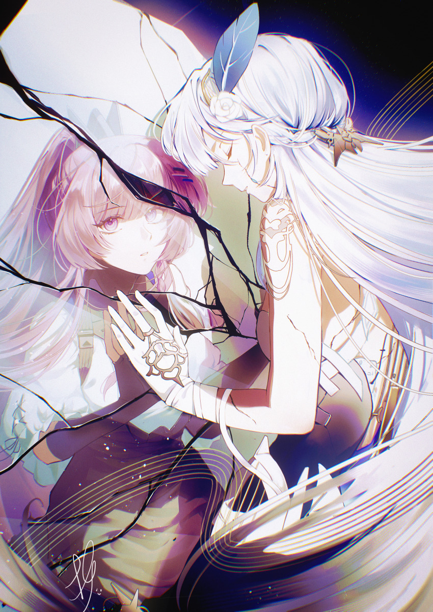 2girls, absurdres, alternate_form, broken_mirror, crack, cracked_glass, hair_ornament, hand_on_mirror