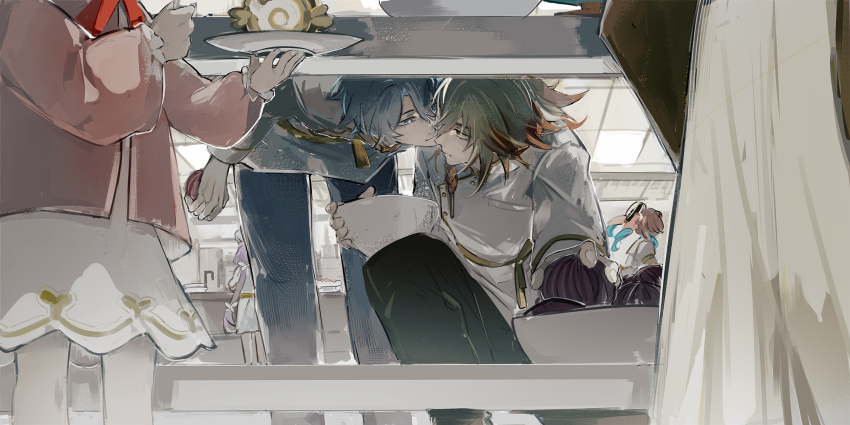 2boys, 3girls, bent_over, black_pants, blonde_hair, blue_eyes, blue_hair, bowl