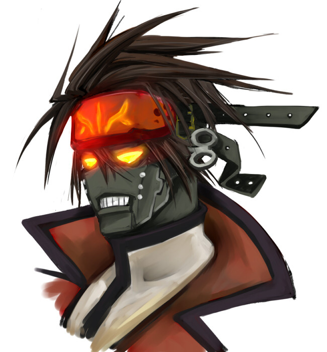 belt, black_belt, blank_stare, brown_hair, clothed_robot, glowing, glowing_eyes, guilty_gear