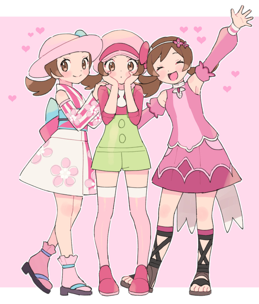 3girls, brown_eyes, brown_hair, closed_eyes, commentary_request, detached_sleeves, dress, green_overalls