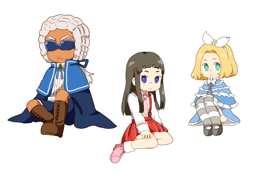 1boy, 2girls, absurdres, black_hair, black_shoes, blonde_hair, blue_capelet, blue_eyes