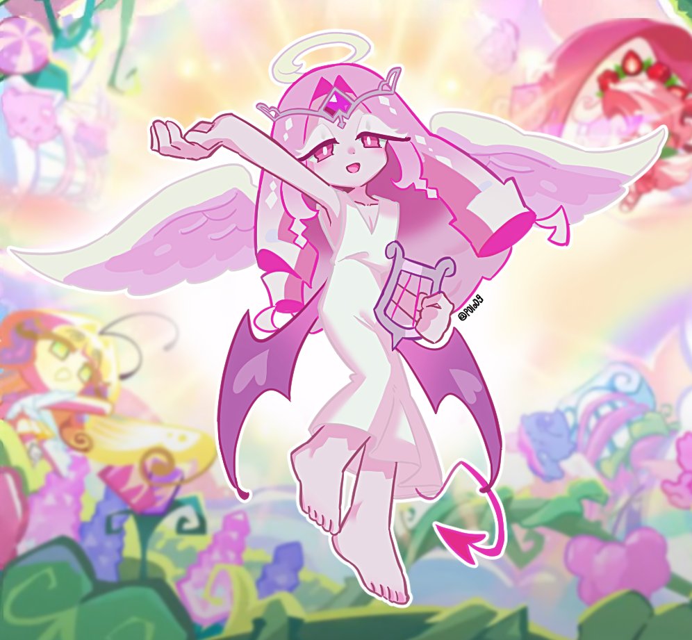 1girl, 2others, angel, angel_wings, colored_skin, cookie_run, cookie_run:_kingdom, crimson_coral_cookie, demon_girl, demon_tail, demon_wings, dress, eternal_sugar_cookie, long_hair, looking_at_viewer, michelin_(p0lo09), multiple_others, pink_eyes, pink_hair, pink_skin, tail, wings