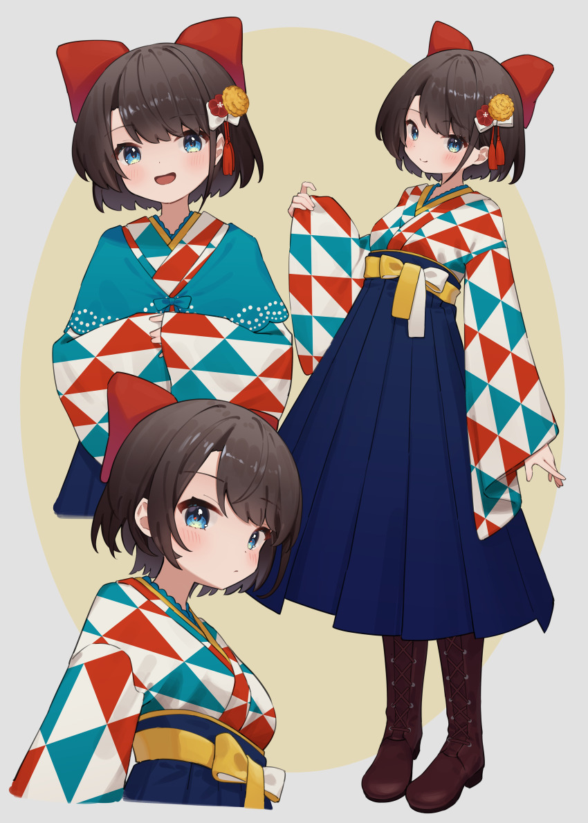 1girl, absurdres, blue_capelet, blue_eyes, blue_hakama, blue_skirt, boots, bow