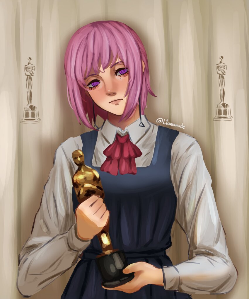 1girl, absurdres, academy_award_of_merit, ascot, blue_dress, chainsaw_man, closed_mouth, collared_shirt