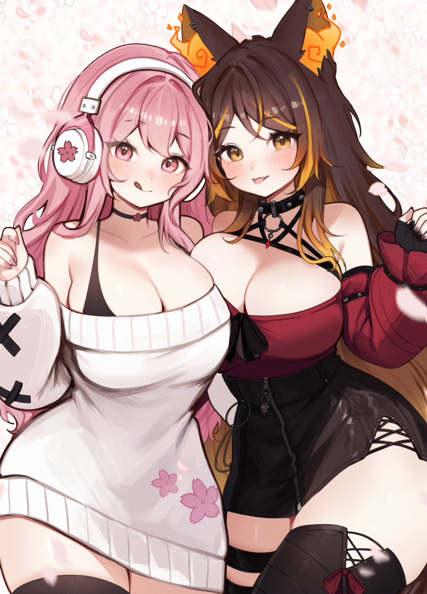 2girls, animal_ears, bra, breast_press, breasts, brown_hair, chest_harness, choker