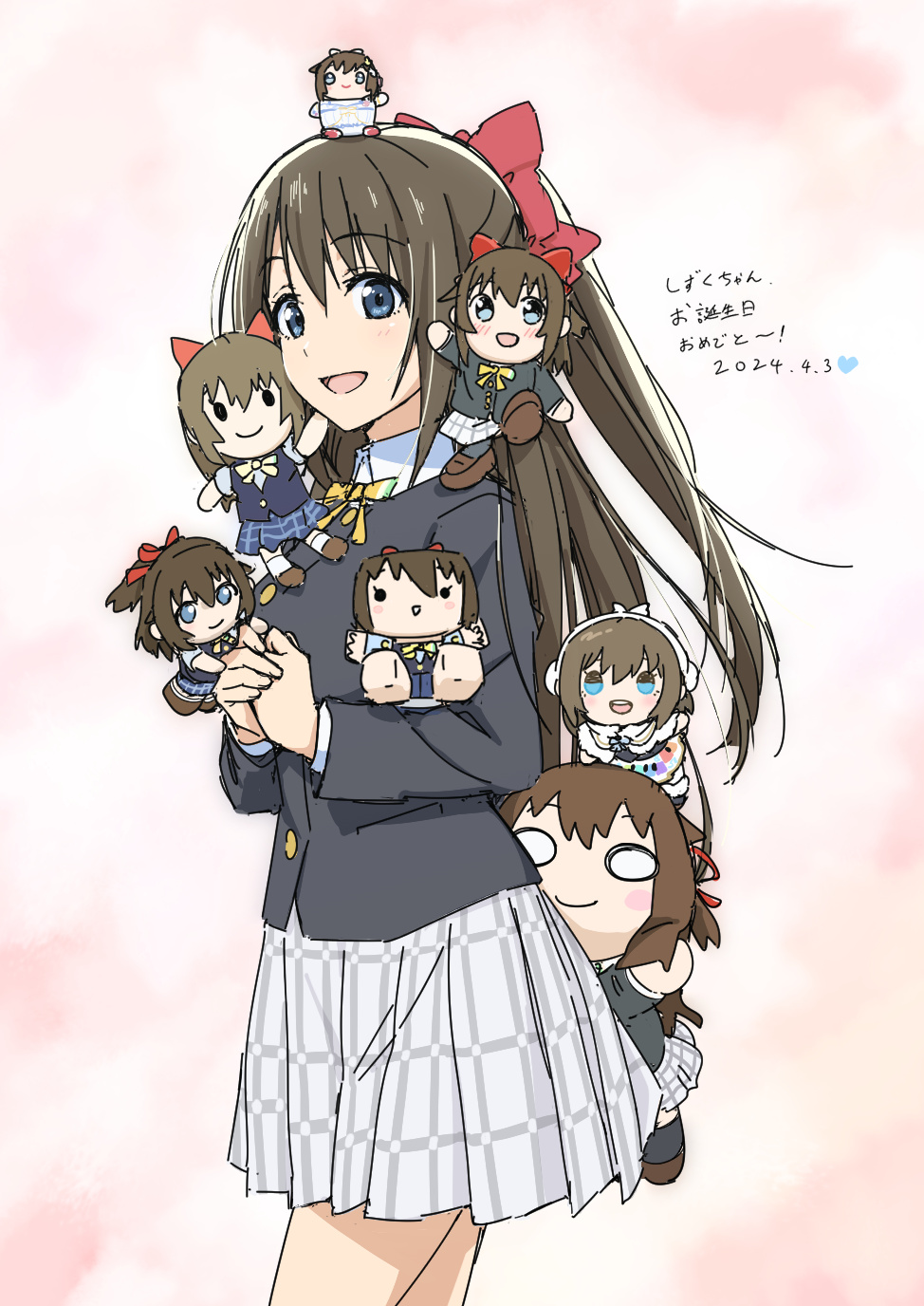 4girls, :d, black_jacket, blue_eyes, blush_stickers, bow, brown_hair, character_doll
