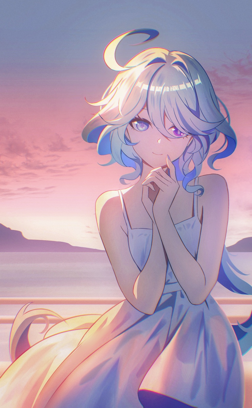 1girl, absurdres, ahoge, alternate_costume, bare_shoulders, blue_eyes, blue_hair, blue_pupils