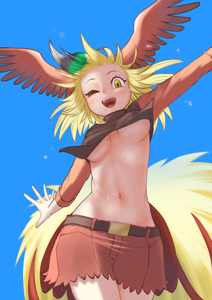 1girl, ;d, aotsuki_tsutome, arm_up, belt, bird_girl, bird_tail, bird_wings