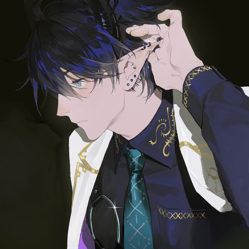 1boy, absurdres, black_background, black_hair, black_horns, black_shirt, blue_eyes, blue_necktie