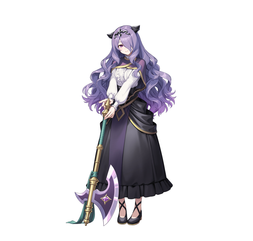 1girl, absurdres, aged_down, axe, camilla_(fire_emblem), camilla_(young_beauty)_(fire_emblem), capelet, fake_horns