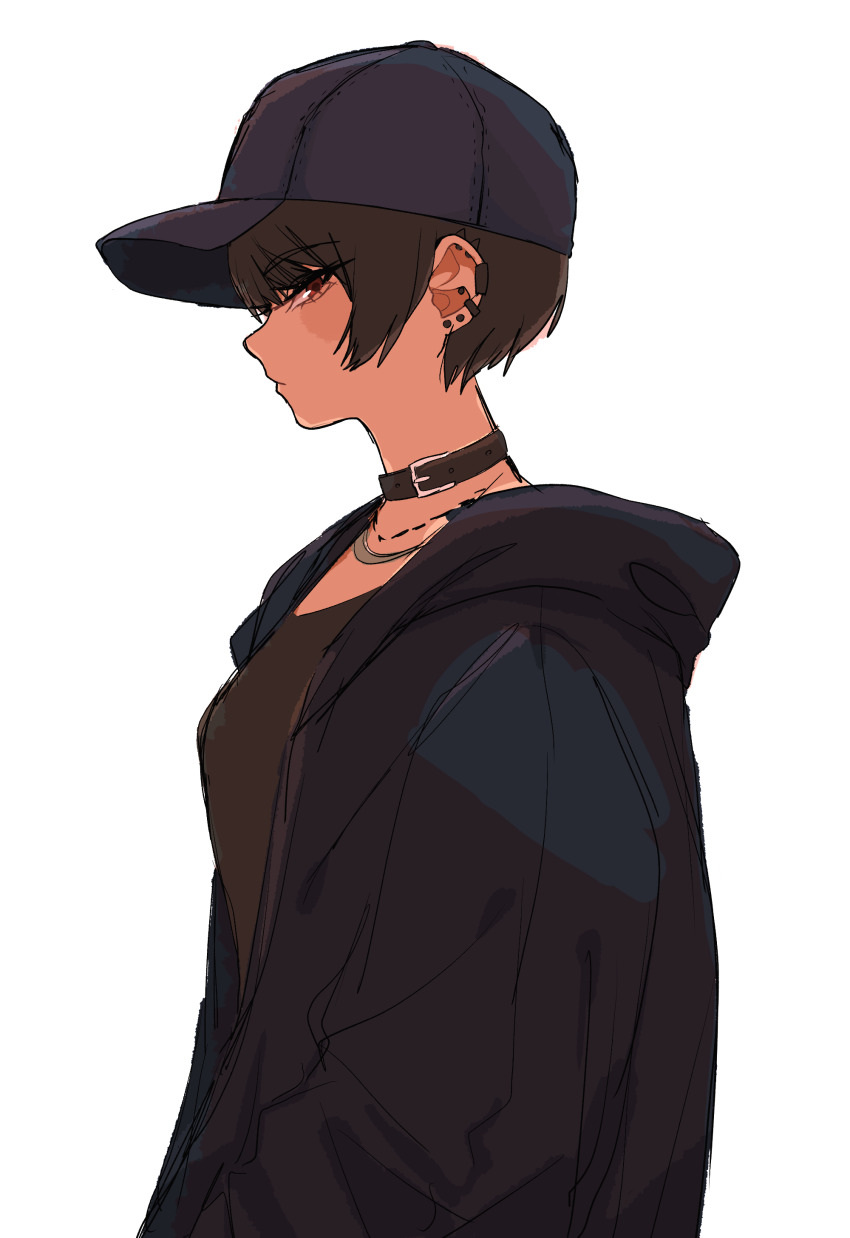 1girl, absurdres, baseball_cap, black_hat, black_jacket, brown_choker, brown_hair, brown_shirt