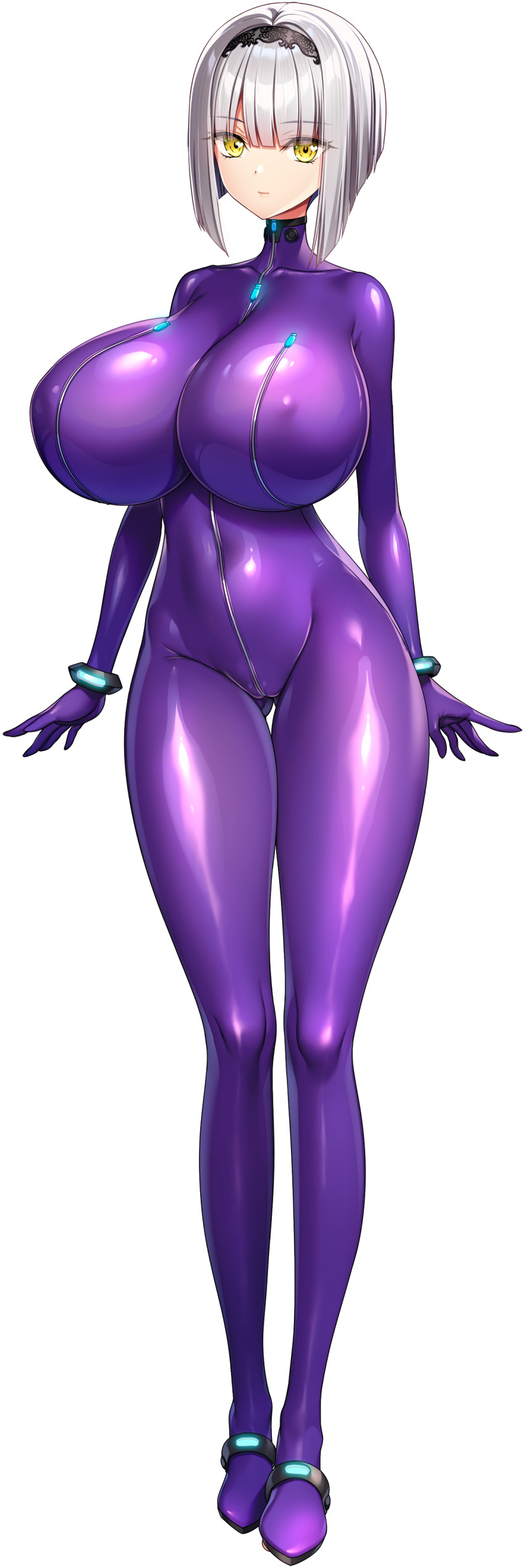 1girl, absurdres, akagi_rio, arms_at_sides, black_hairband, blunt_bangs, bob_cut, bodysuit, breast_zipper, breasts, covered_erect_nipples, covered_navel, full-length_zipper, full_body, game_cg, gluteal_fold, grey_hair, hairband, highres, huge_breasts, impossible_bodysuit, impossible_clothes, light_smile, looking_at_viewer, medium_hair, meena_1919, motto!_haramase!_(series), motto!_haramase!_honoo_no_oppai_isekai_oppai_maid_gakuen!, non-web_source, official_art, purple_bodysuit, smile, solo, sprite, standing, tachi-e, transparent_background, yellow_eyes, zipper