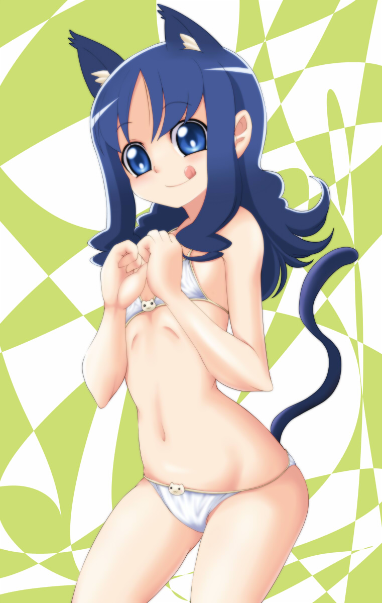 10s, 1girl, :q, animal_ears, bikini, blue_eyes, blue_hair, cat_ears