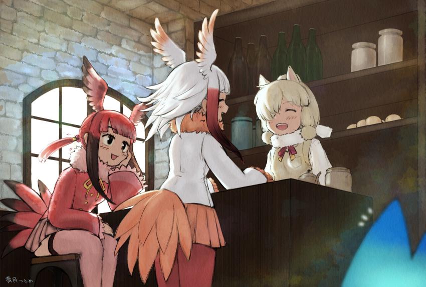 3girls, alpaca_ears, alpaca_suri_(kemono_friends), animal_ears, aotsuki_tsutome, arm_rest, bird_girl, bird_tail