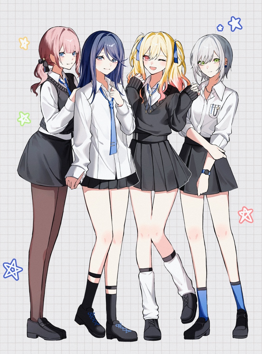 4girls, absurdres, ano_hi_mita_yozora_wa_itsuka_no_mirai_e_(project_sekai), black_hair, black_ribbon, black_shoes, black_skirt, black_socks, black_sweater, black_sweater_vest, blonde_hair, blue_eyes, blue_necktie, blue_ribbon, blue_socks, blunt_bangs, breast_pocket, brown_hair, brown_pantyhose, collared_shirt, commentary_request, full_body, gradient_hair, green_eyes, grey_hair, grid_background, hair_between_eyes, hair_ribbon, hand_on_own_arm, hand_up, hands_on_another's_shoulder, hands_up, highres, hinomori_shiho, hoshino_ichika_(project_sekai), jewelry, kneehighs, leo/need_(project_sekai), long_hair, looking_at_viewer, miniskirt, mochizuki_honami, multicolored_hair, multiple_girls, neck_ribbon, necklace, necktie, official_alternate_costume, pantyhose, pink_hair, pleated_skirt, pocket, project_sekai, red_eyes, ribbon, shirohanamame_(shiroha_nmm), shirt, shoes, short_hair, side_ponytail, sidelocks, skirt, sleeves_past_wrists, sleeves_rolled_up, smile, socks, star_(symbol), sweater, sweater_vest, swept_bangs, tenma_saki, twintails, watch, white_shirt, white_socks, wristwatch