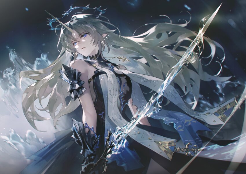 1girl, armor, blonde_hair, blue_eyes, breast_curtains, colored_inner_hair, crown, dress