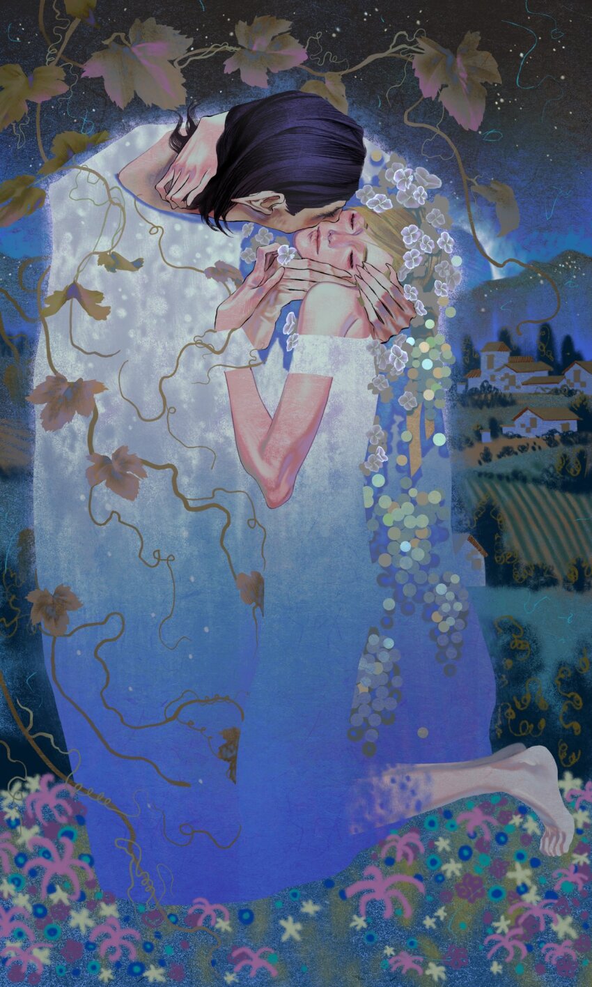 1girl, achooho, barefoot, black_hair, closed_eyes, closed_mouth, dress, field, fine_art_parody, flower, full_body, highres, leaf, night, original, outdoors, parody, plant, pointy_ears, short_hair, single_bare_shoulder, sky, star_(sky), the_kiss, village, white_dress