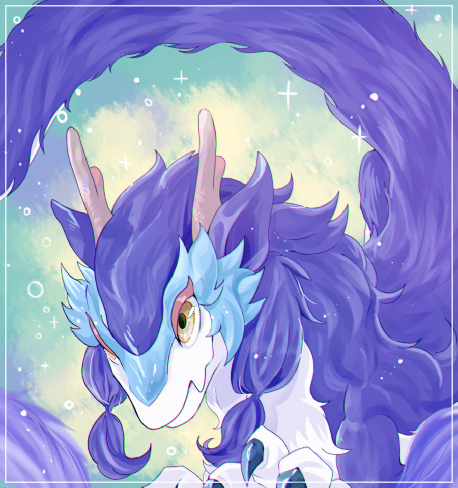 1girl, blue_hair, claws, closed_mouth, dragon, dragon_horns, dragon_tail, dragonmaid_nudyarl