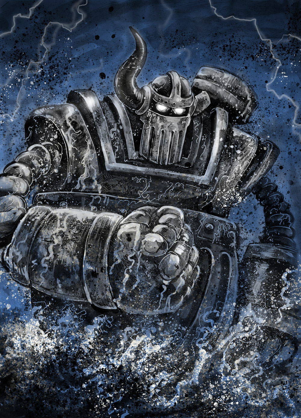 1other, armor, broken_horn, clenched_hand, dasha_komixmaker, emet_(one_piece), fake_horns, full_armor, gloves, glowing, helmet, highres, horned_helmet, horns, humanoid_robot, joints, mecha, mecha_focus, no_humans, one_piece, robot, robot_joints, single_horn, solo, standing, super_robot, thunder, water, white_eyes